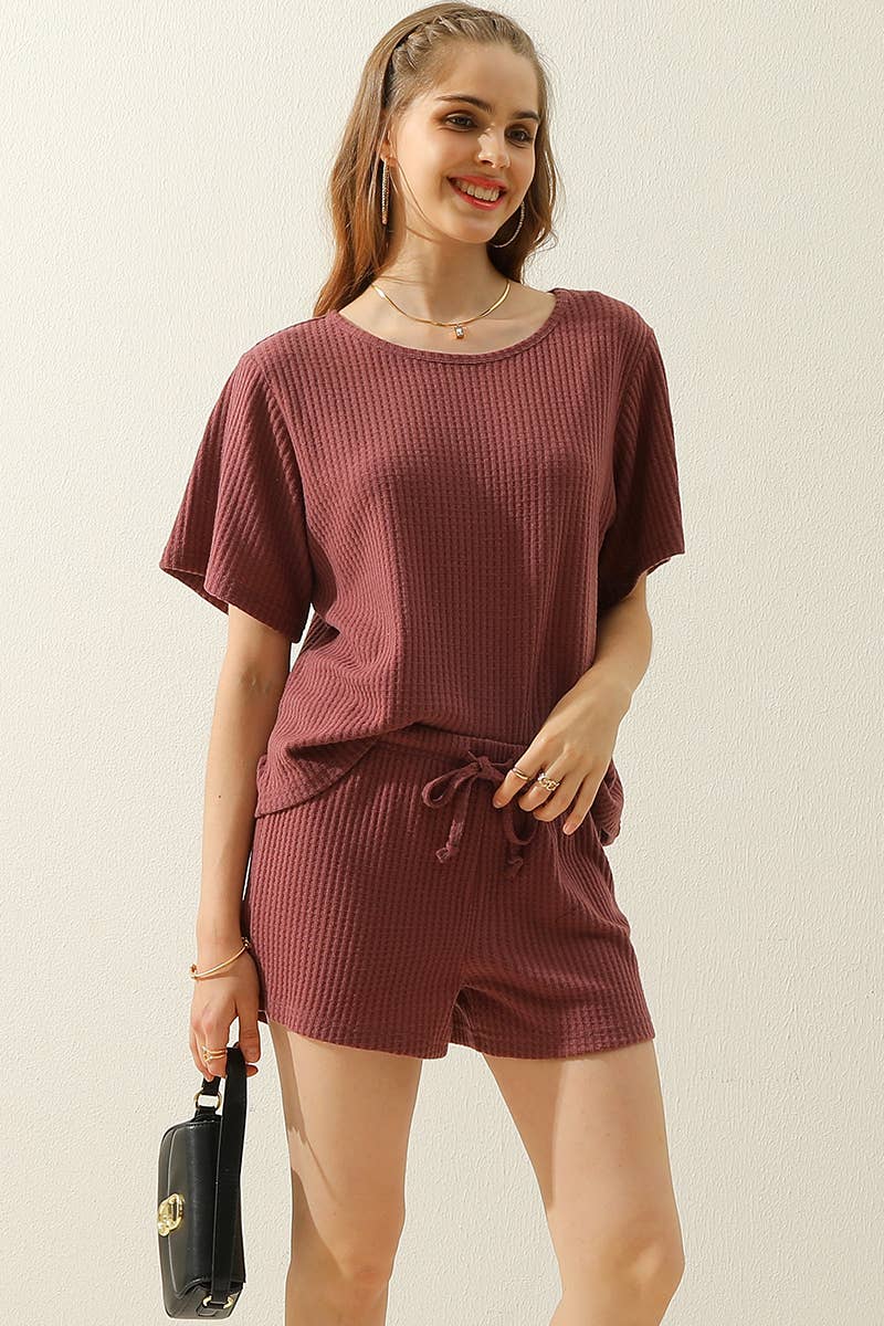 CWSTB274_SOLID WAFFLE KNIT TEE TOP & DRAWSTRING WAIST SHORTS
