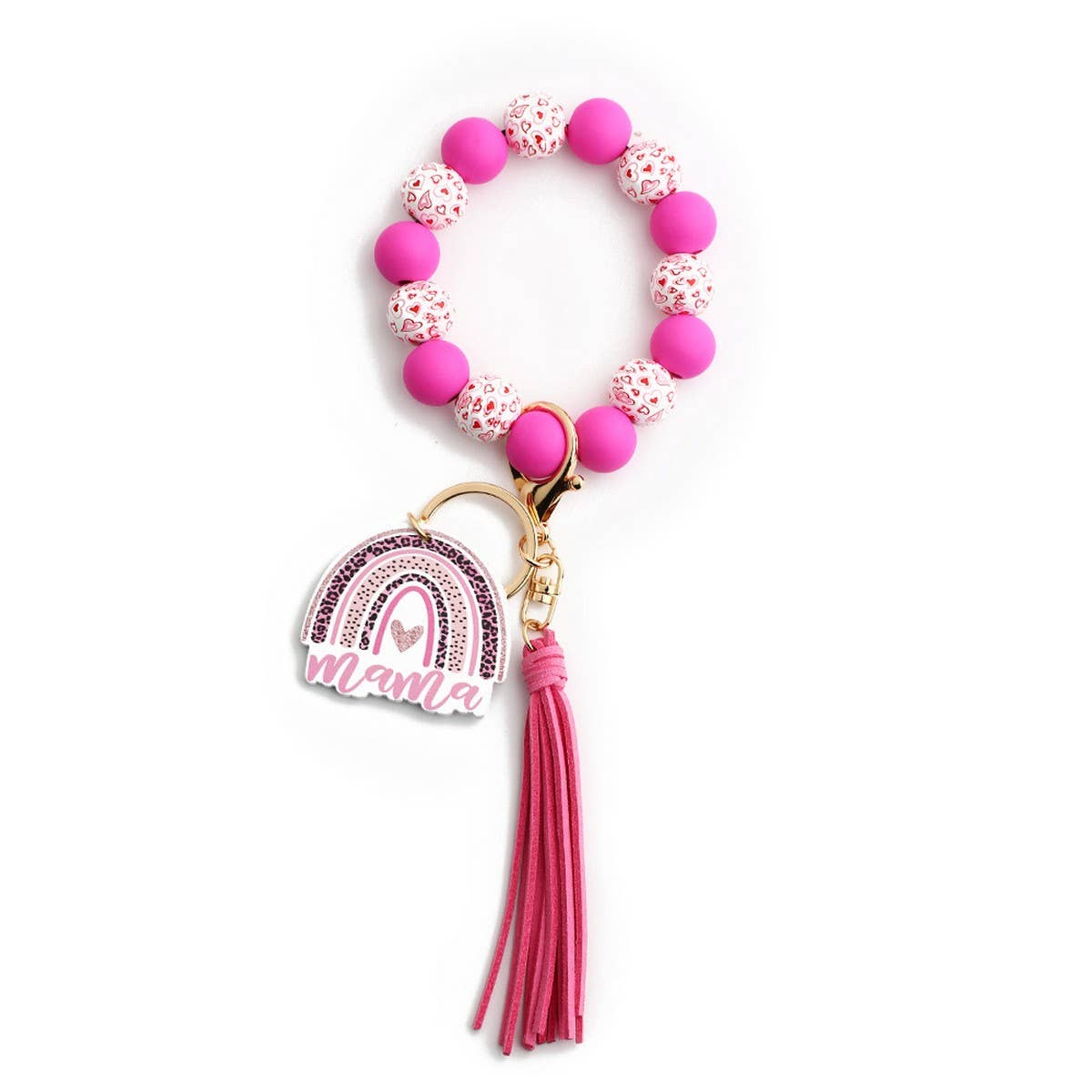 Leopard Wood Bead Bracelet Heart Keychain_CWAB5075