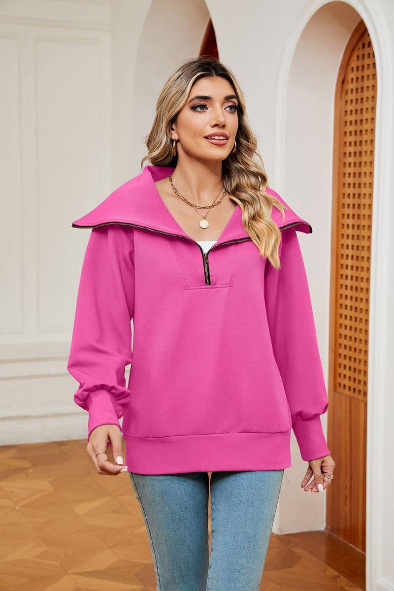 CWTBLL2400_SOLID COLOR ZIPPER LAPEL LOOSE SHAWL SWEATSHIRT