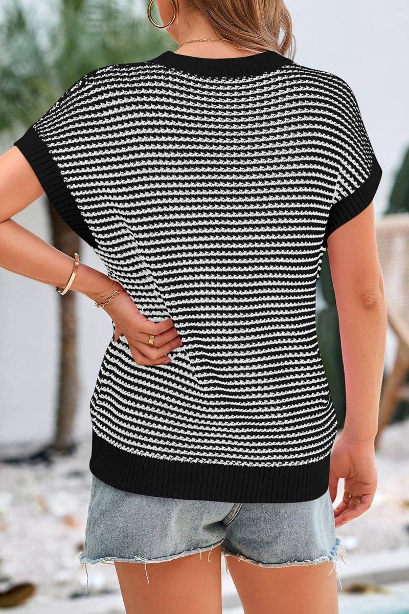 CWTTS1364_SUMMER CREW NECK CASUAL STRIPED KNITTED TOP
