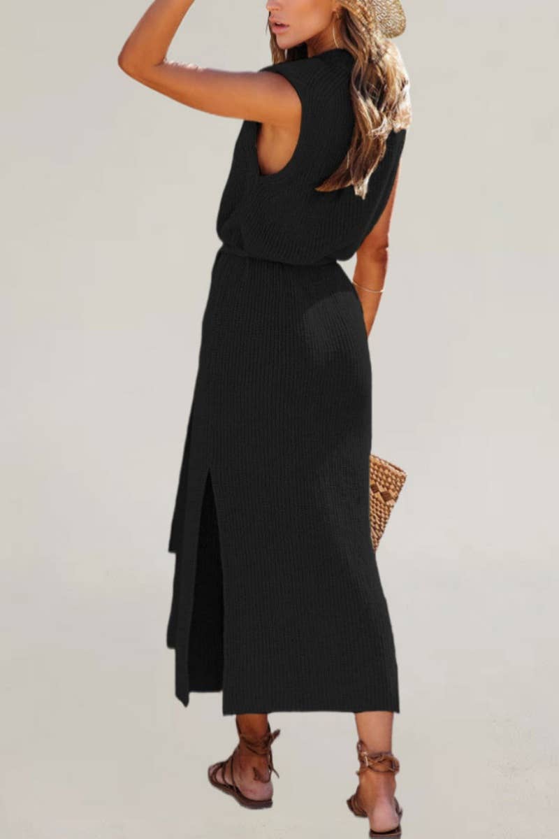 CWDMD2089_CREW NECK SLEEVELESS LACE-UP DRESS WITH SLIT