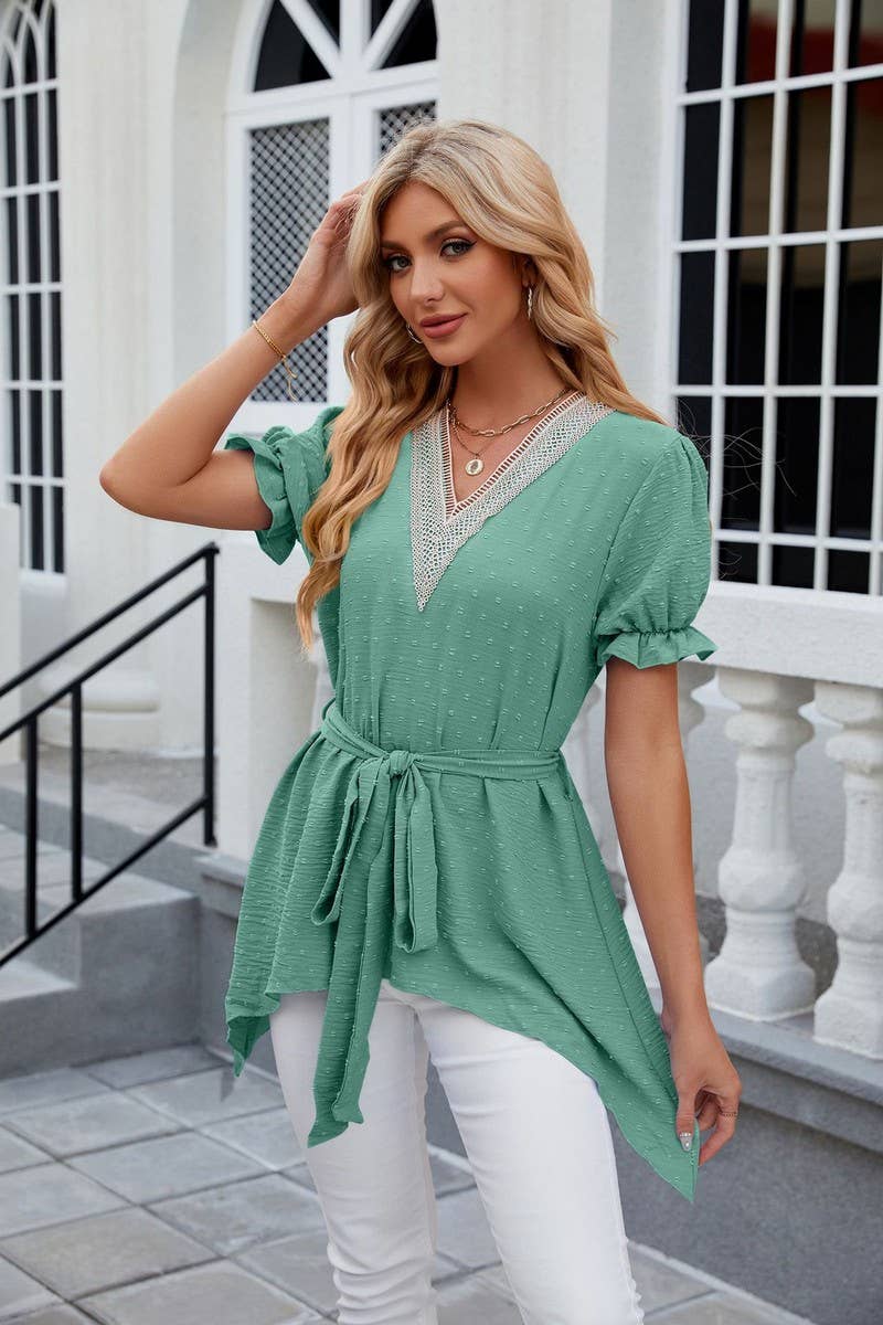 CWTBLS0445_V-Neck Short Sleeve Lace Trim Top