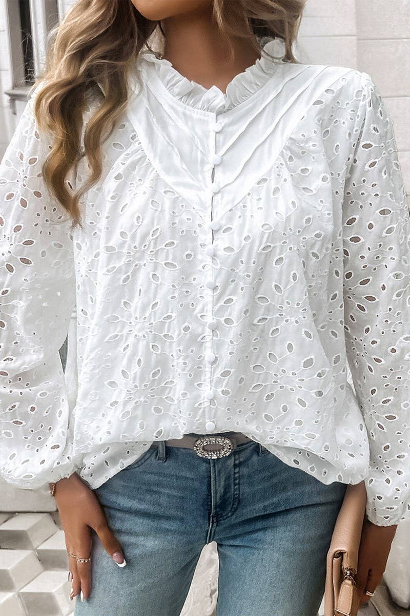 CWTSTL2732_ELEGANT HOLLOW PUFF SLEEVE EMBROIDERED TOP