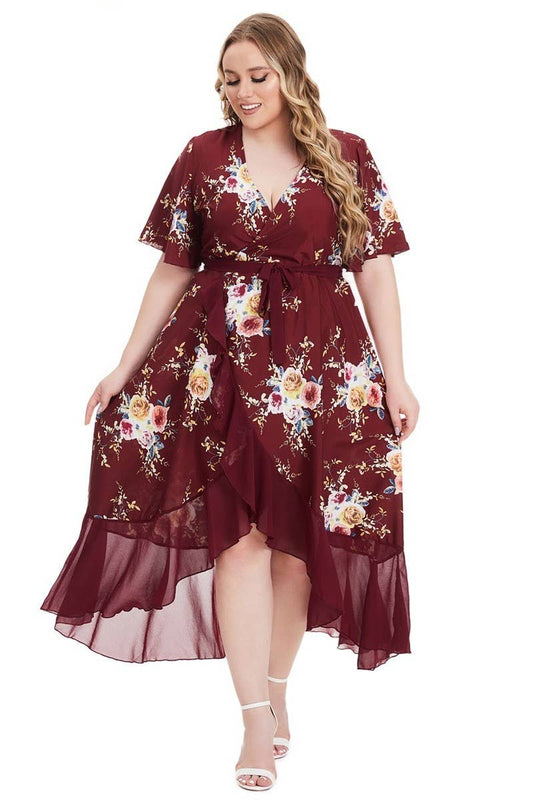 CWDMD3239_PLUS SIZE V-NECK RUFFLE IRREGULAR PRINT LONG DRESS