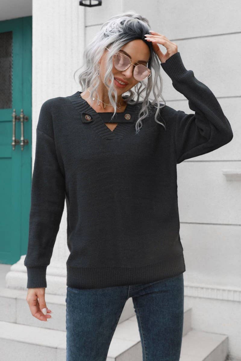 CWOSWL4149_V-NECK BUTTON LOOSE PULLOVER KNIT SWEATER