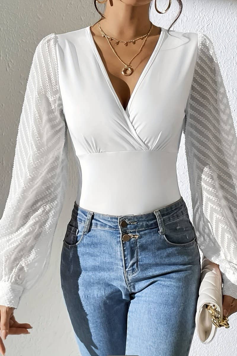 CWTBLL3494_SOLID COLOR DEEP V CHIFFON STITCHING KNITTED TOP