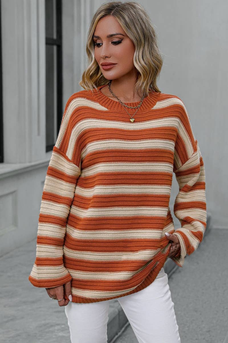 CWOSWL6517_KNITTED CREW-NECK STRIPED LONG-SLEEVED SWEATER