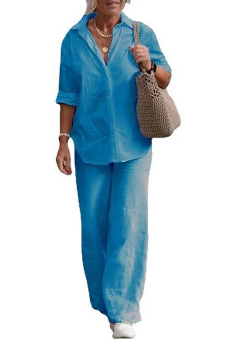 CWSTB00382_SOLID LAPEL SHIRT AND WIDE LEG PANTS SET