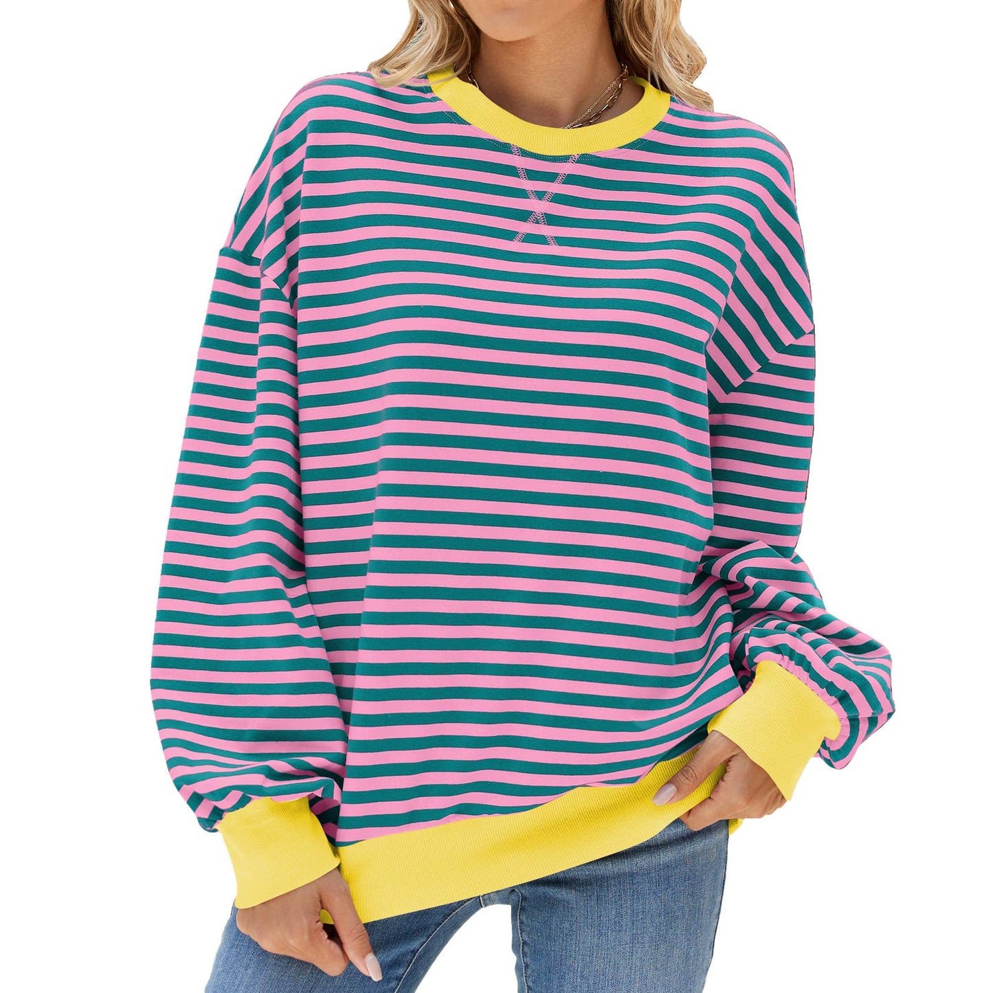 CONTRASTING COLOR STRIPED LONG SLEEVE HOODIE