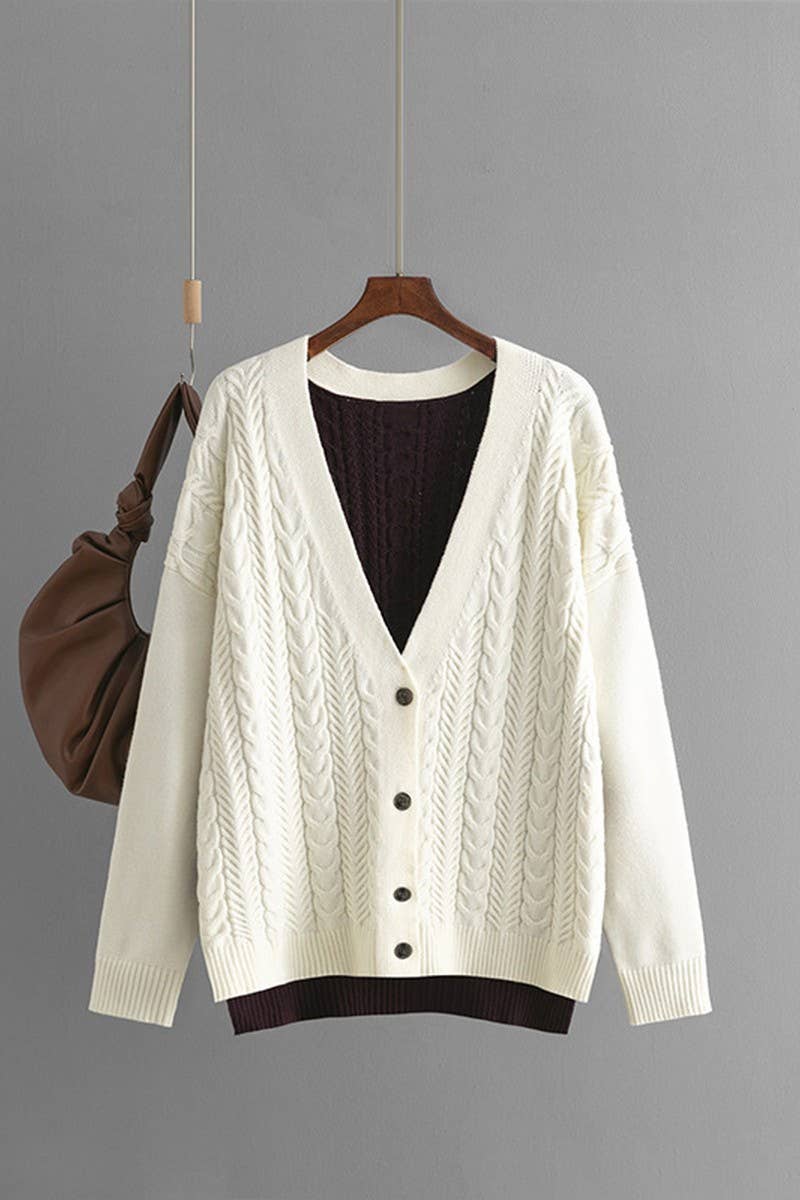 CWOCAL00678_LOOSE COLORBLOCK CABLE V NECK KNIT CARDIGAN