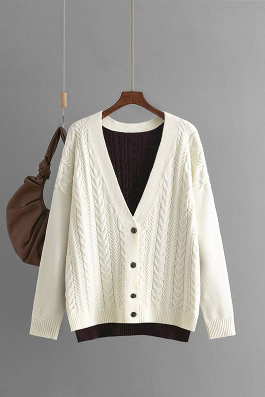 CWOCAL00678_LOOSE COLORBLOCK CABLE V NECK KNIT CARDIGAN