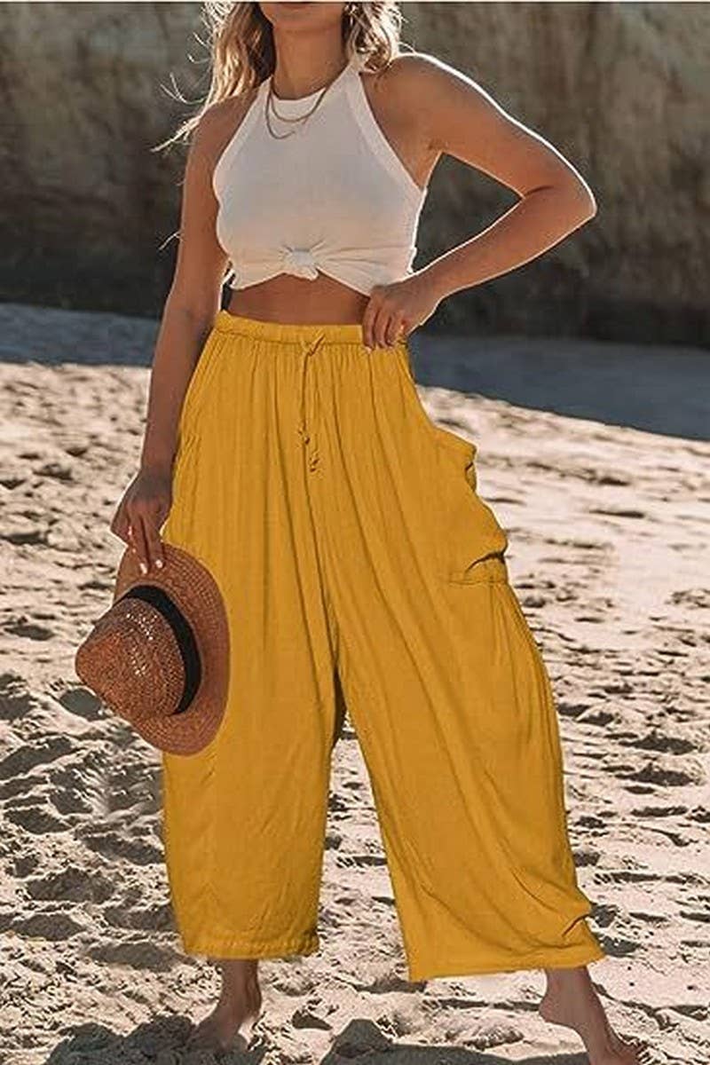CWBLP1853_ELASTIC WAIST PLEATED HIGH WAIST WIDE LEG PANTS