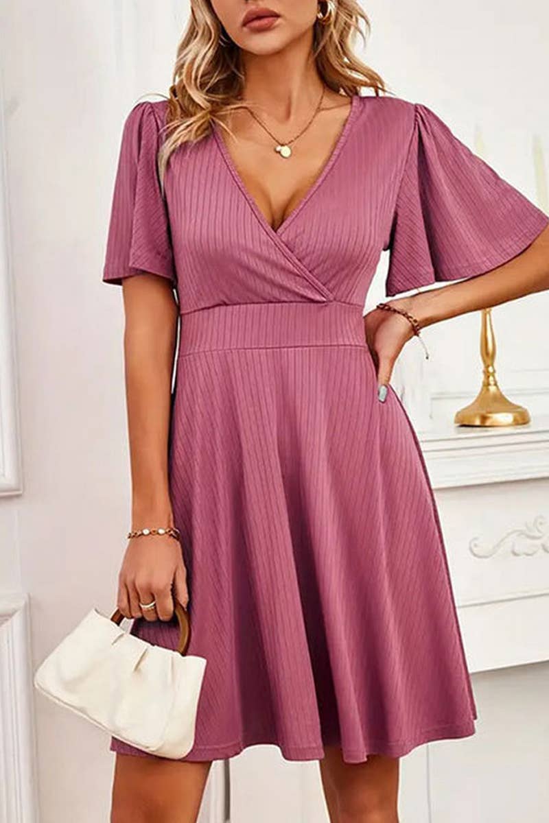 CWDSD7652_SPRING AND SUMMER STRIPED KNITTED WAIST DRESS