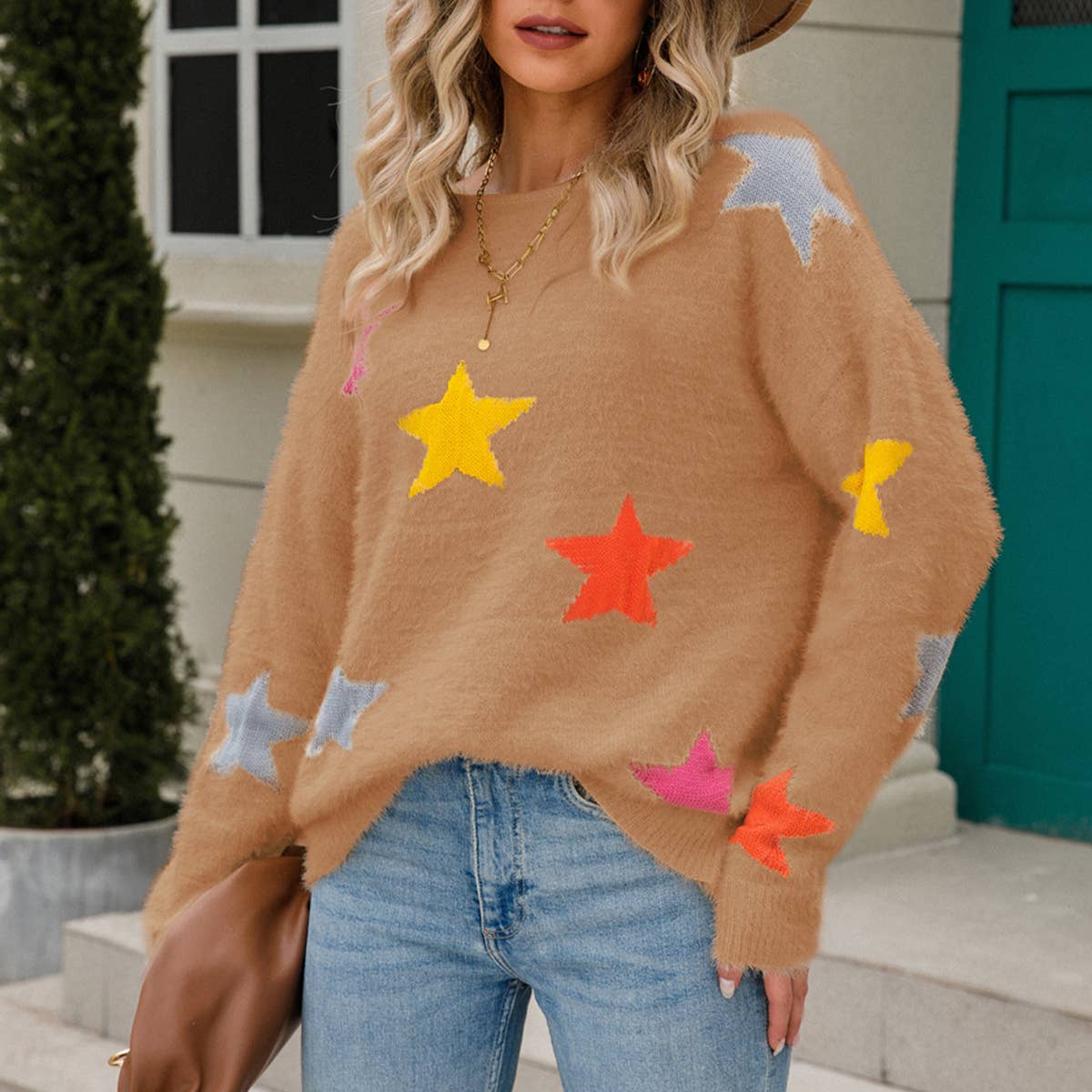ELEGANT CREW NECK FIVE-POINTED JACQUARD SWEATER