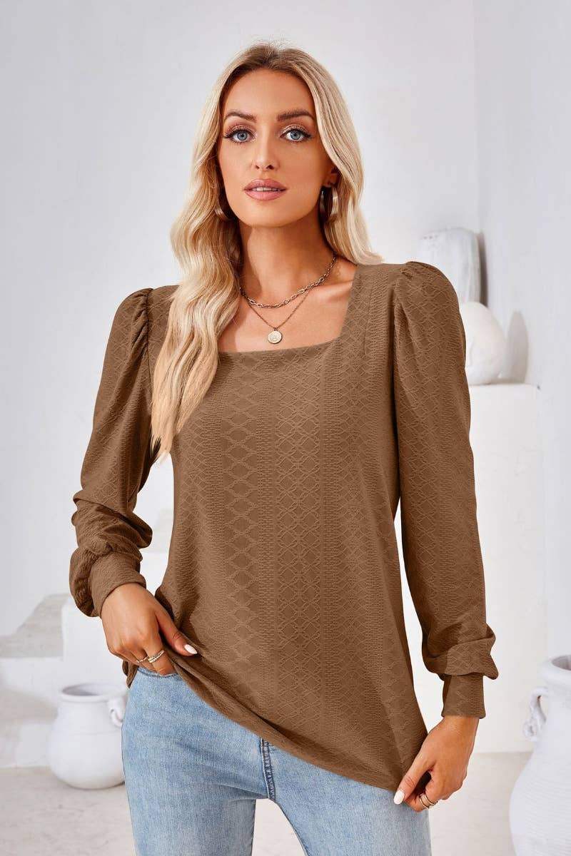 CWTBLL2798_AUTUMN SQUARE NECK JACQUARD LONG-SLEEVED TOP