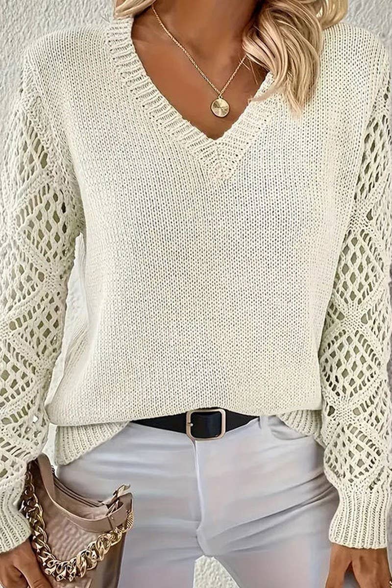 CWOSWL5807_HOLLOW LONG SLEEVE V-NECK PULLOVER KNIT TOP