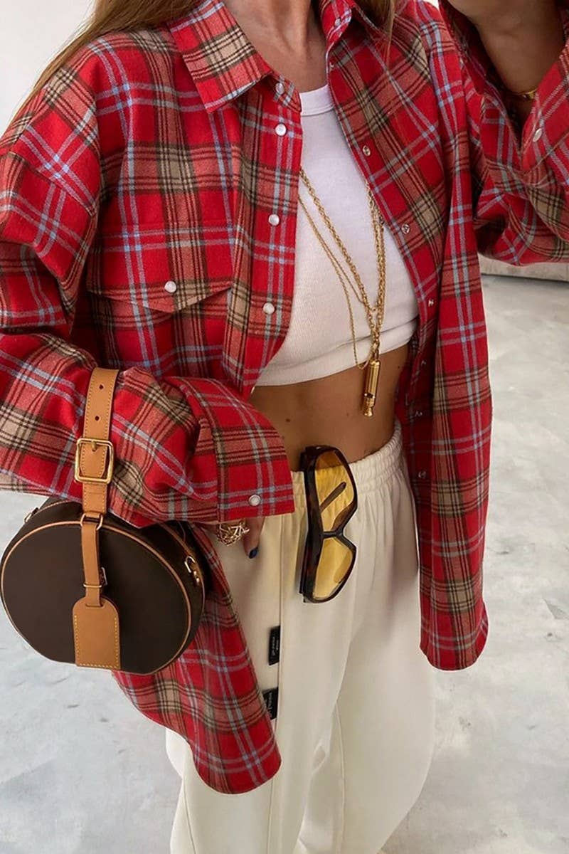 CWTBLL00631_RED PLAID LAPEL COMMUTER LONG-SLEEVED SHIRT