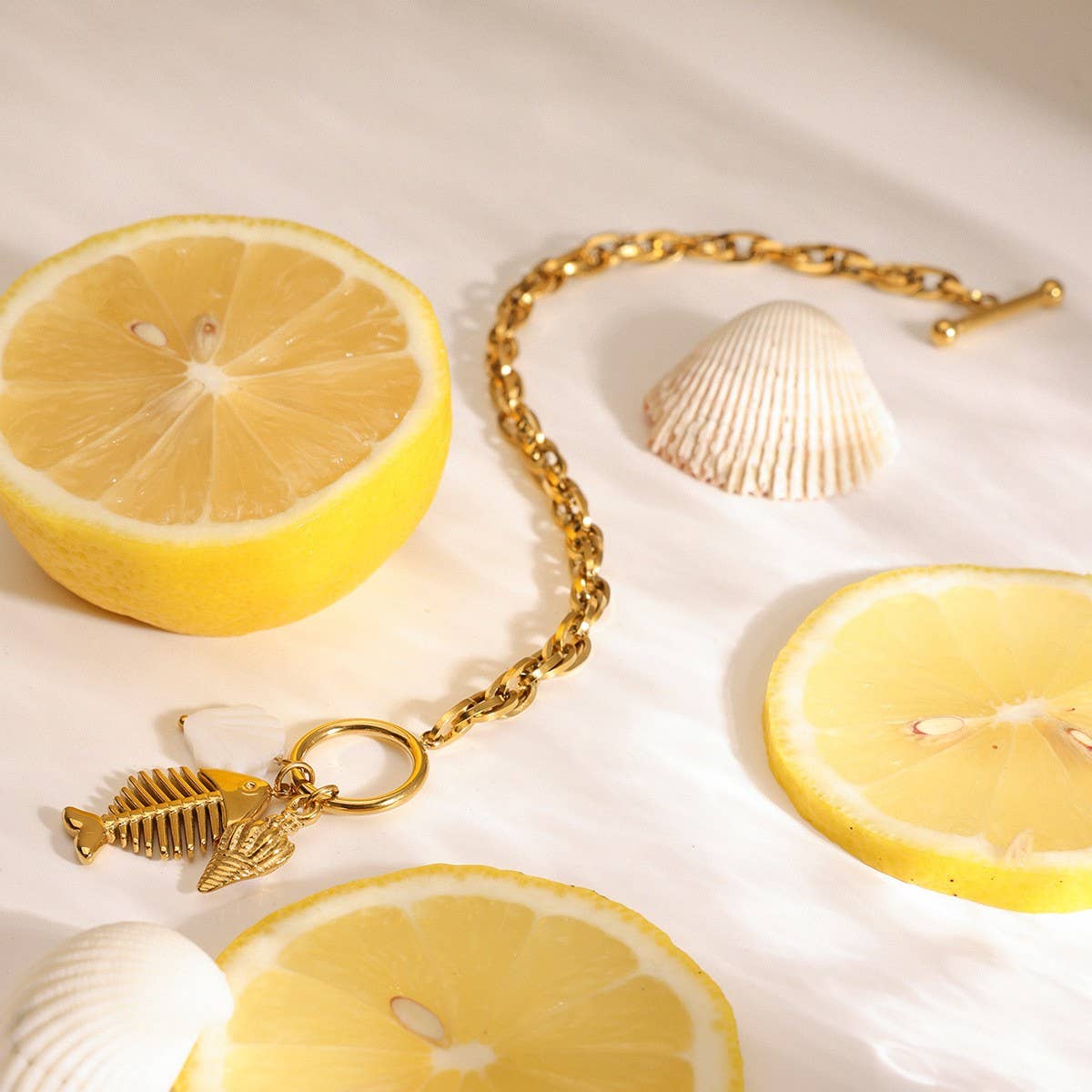 Fishbone Shell Charm Bracelet, 18K Gold Steel