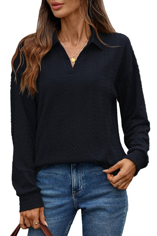 CWTBLL01307_V NECK CABLE KNIT SOLID LONG SLEEVE TEE