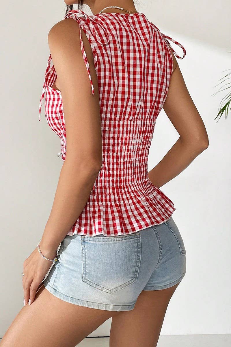 CWBLP2060_TEMPERAMENT PLAID SUSPENDER DRAWSTRING TOP