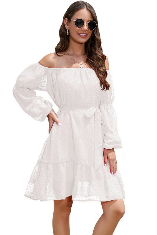 CWDSD8400_OFF SHOULDER POM POM CHIFFON BELTED DRESS