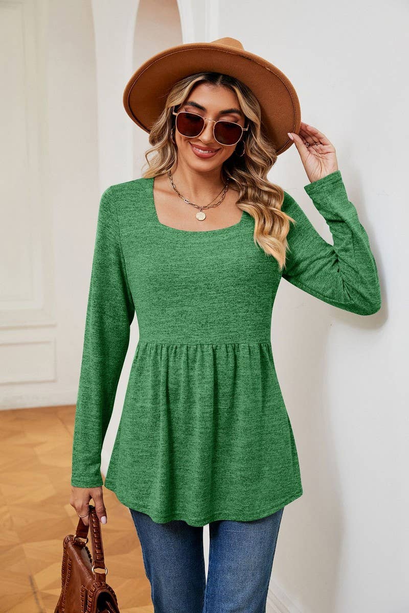 CWTBLL2397_SQUARE NECK LONG SLEEVE WAISTED MID-LENGTH TOP