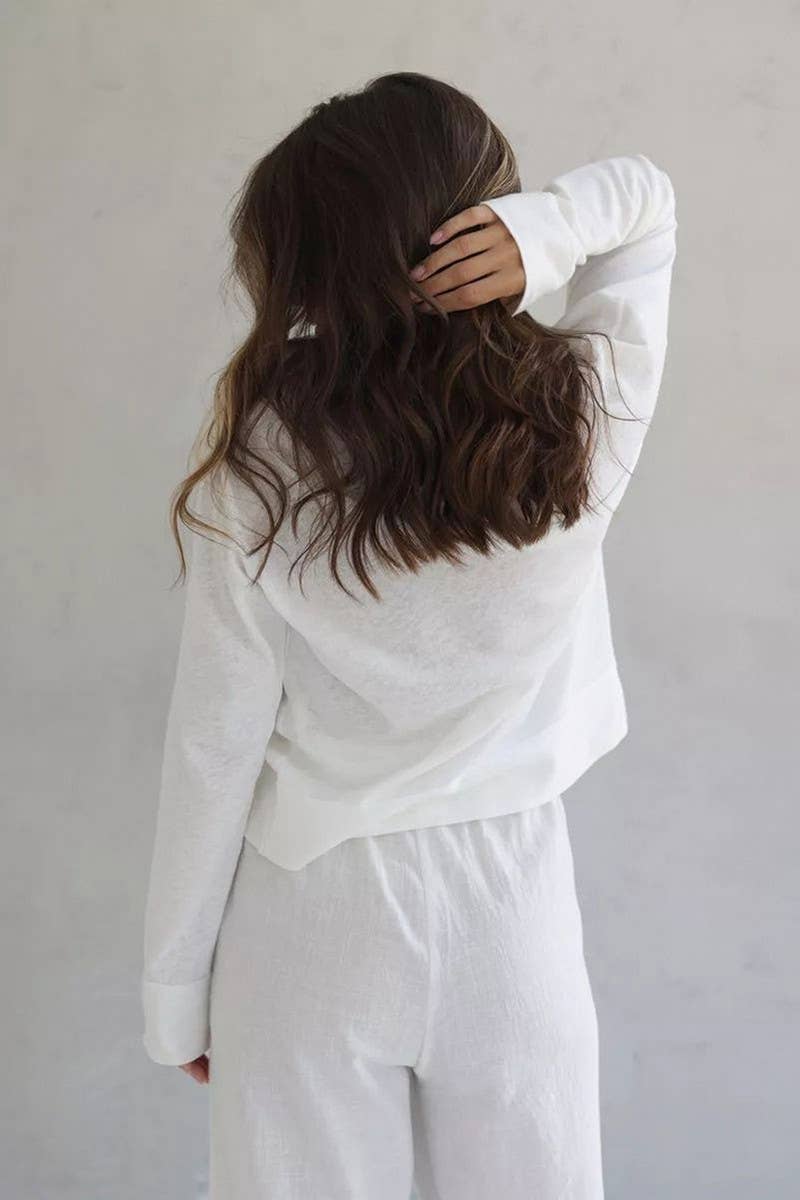 CWSPJ0366_KNITTED WHITE LONG-SLEEVED TROUSERS PAJAMA SET