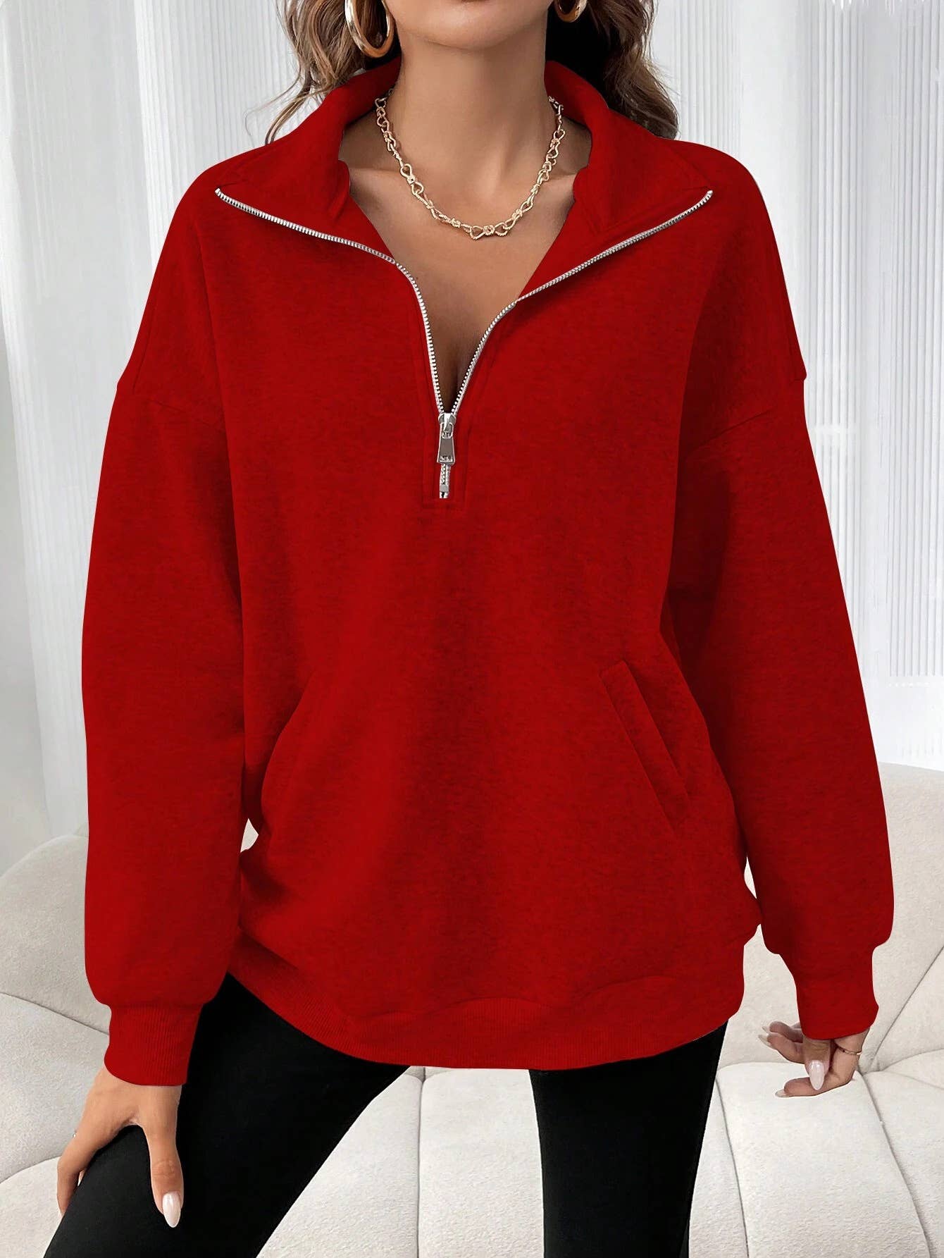 Fashion zip-up lapel solid color hoodie