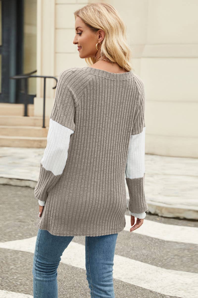 CWOSWL4448_DEEP V LONG SLEEVE COLOR BUTTON-UP SWEATER