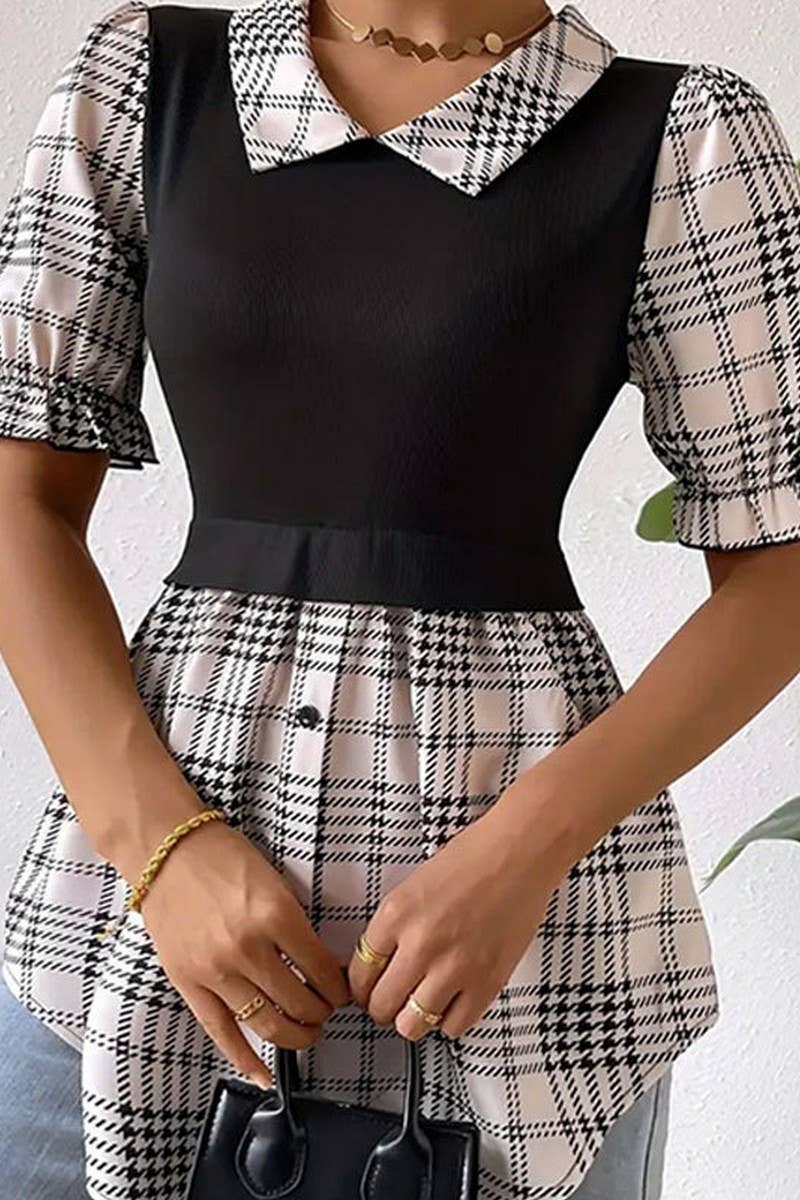 CWDSD7717_CONTRAST BUTTON PLAID MOCK TWO-PIECE DRESS