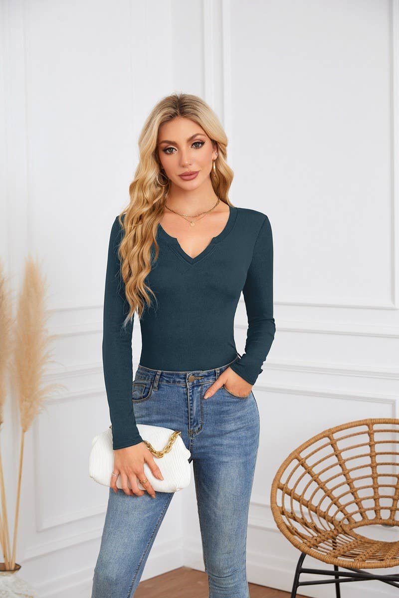CWTBLL4097_DEEP U-NECK CROSS-OVER LONG-SLEEVED T-SHIRT TOP