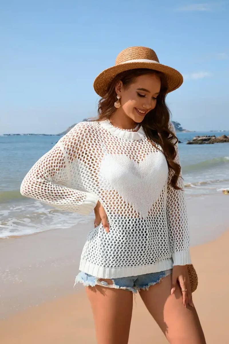 CWTTL1991_SUMMER ROUND NECK HEART SOLID COLOR BEACH COVER UP