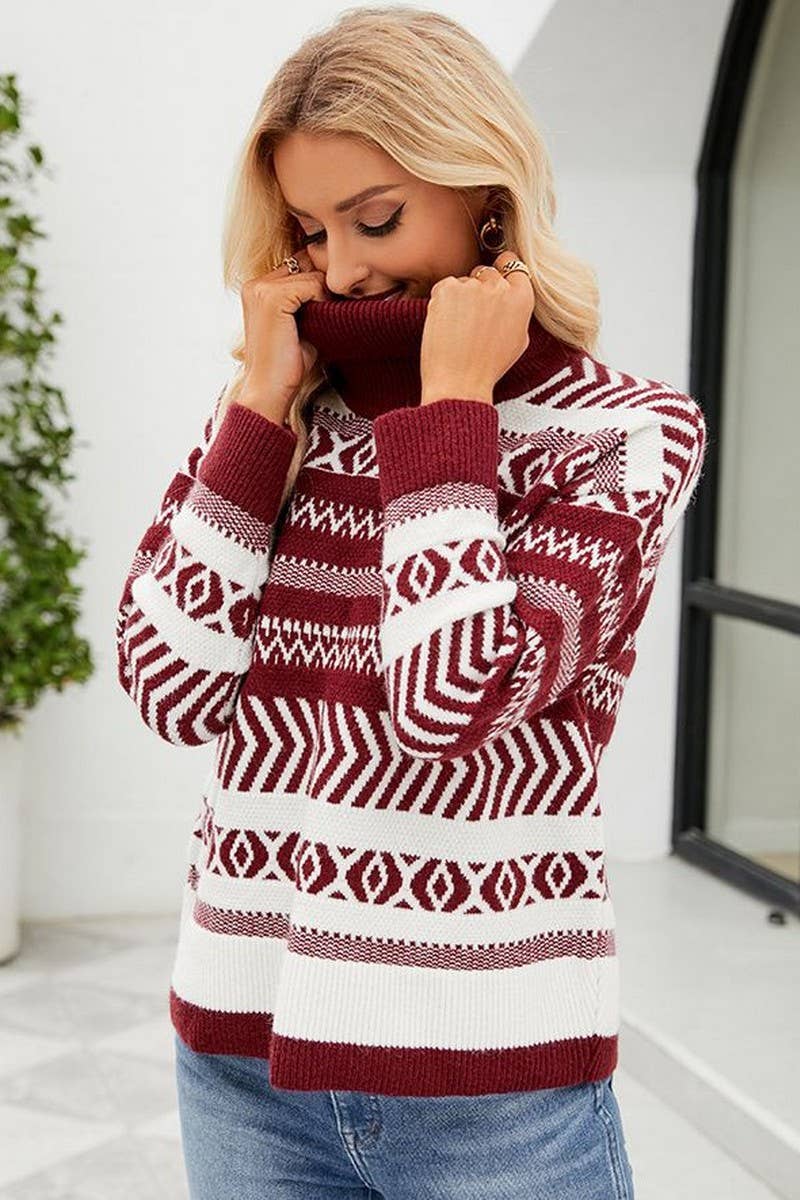 CWOSWL2696_LOOSE FIT GEOMETRIC TURTLENECK KNIT TOP