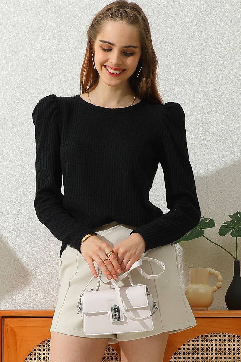 CWTTL913_PUFF SHIRRING LONG SLEEVE KNIT TUNIC WAFFLE TOP