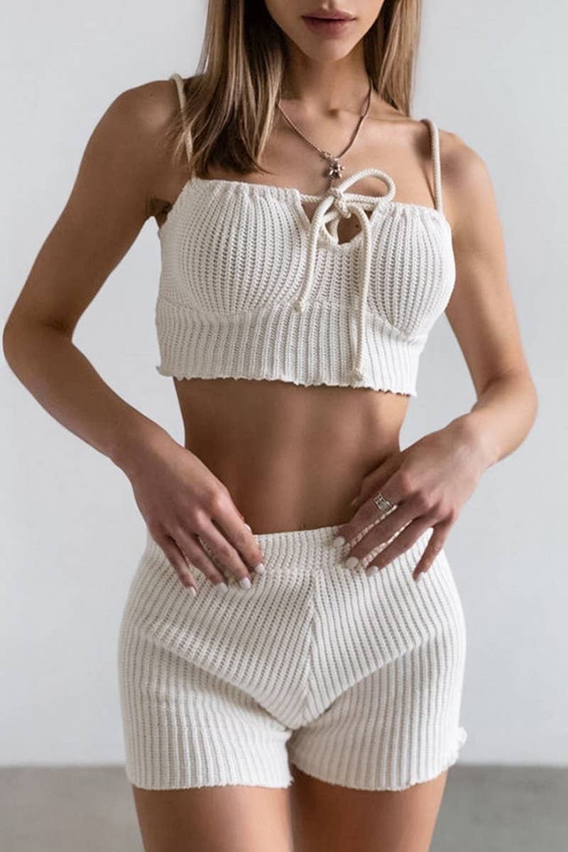 CWSPJ0197_KNITTED HOLLOW SUSPENDER SHORTS PAJAMAS HOME SET