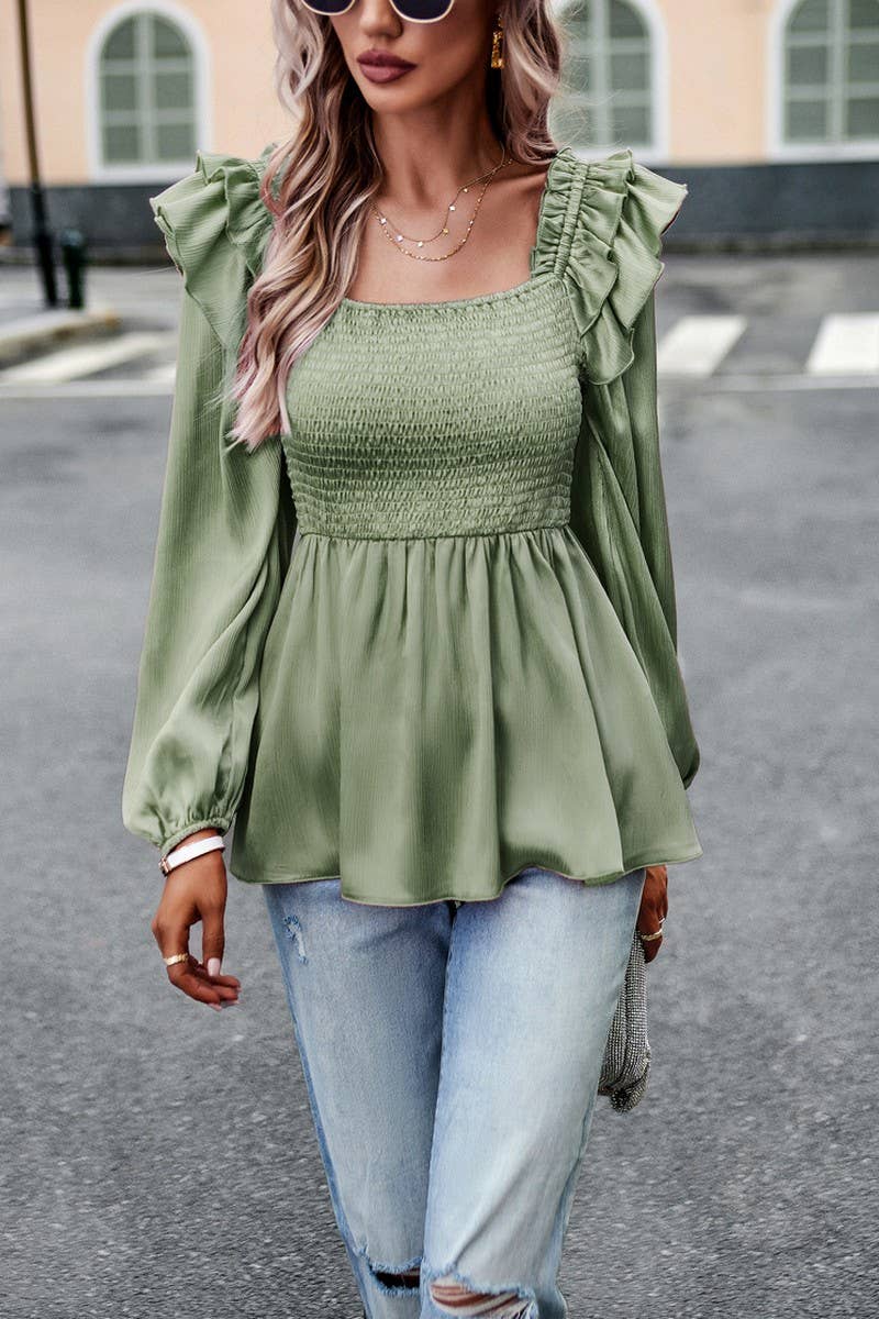 CWTBLL0397_Squre Neck Puff Sleeve Smocking Detailed Blouse