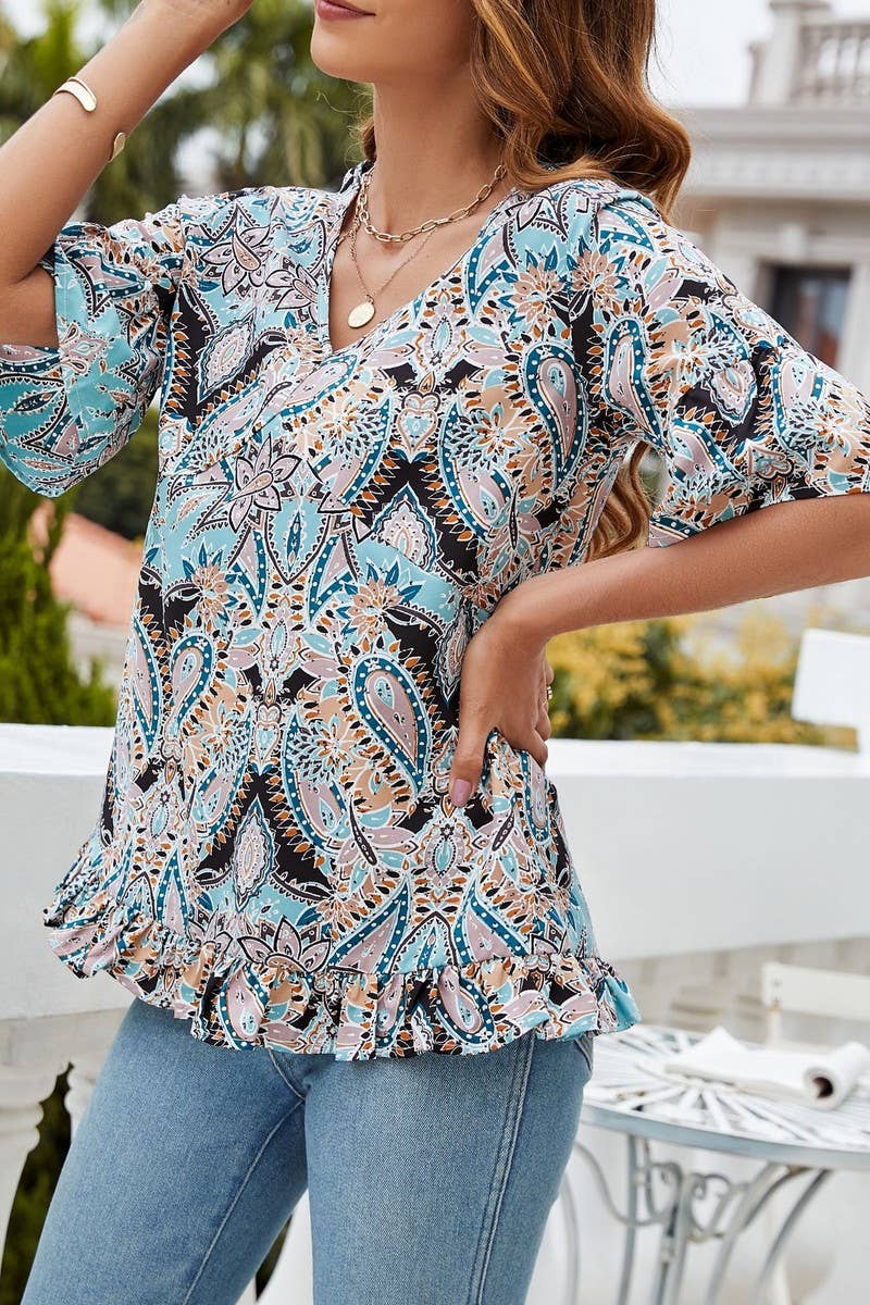 CWTBLS0347_V-Neck Short Sleeve Print Top