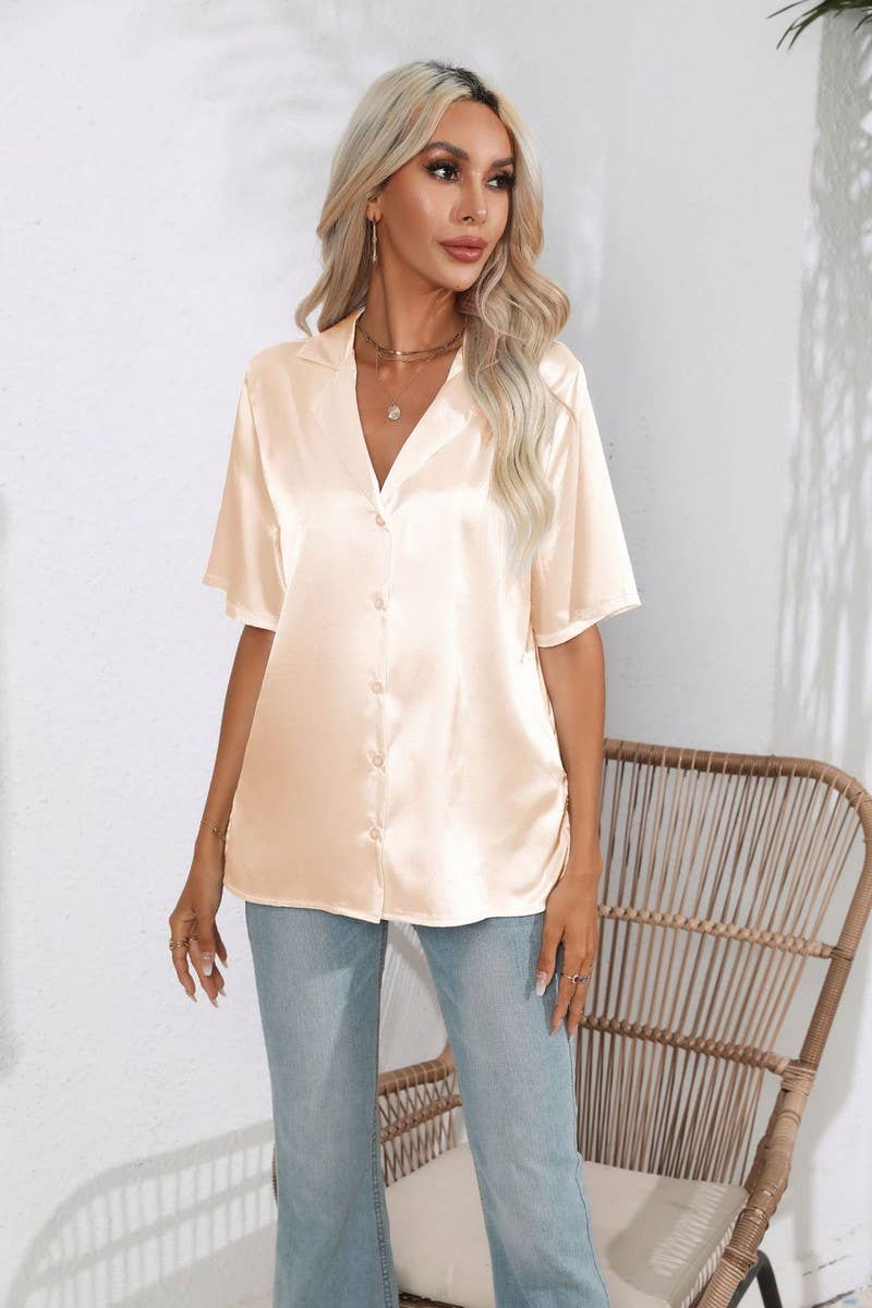 CWTBLS0408_Button Down Silky Satin Short Sleeve Top