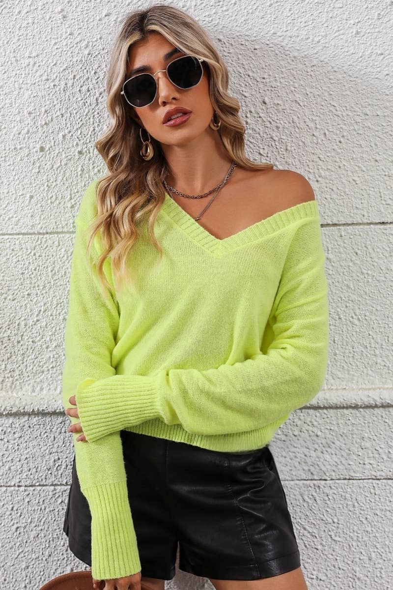 CWOSWL606  Long Sleeve Casual V-Neck Pullover Sweater