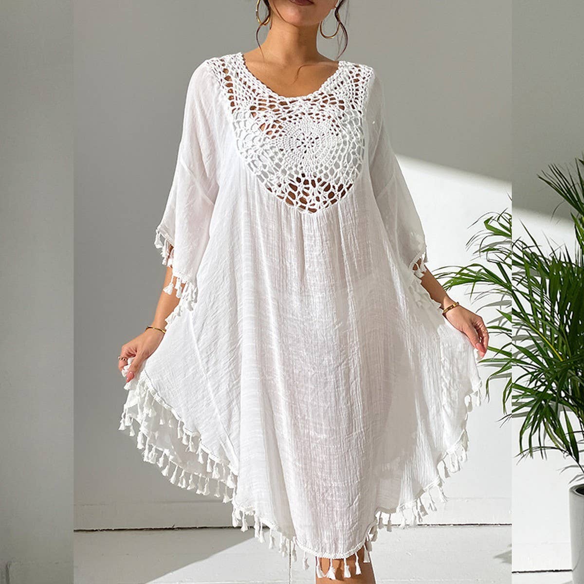 CROCHET PANEL TASSEL BIKINI BEACH COVER-UP