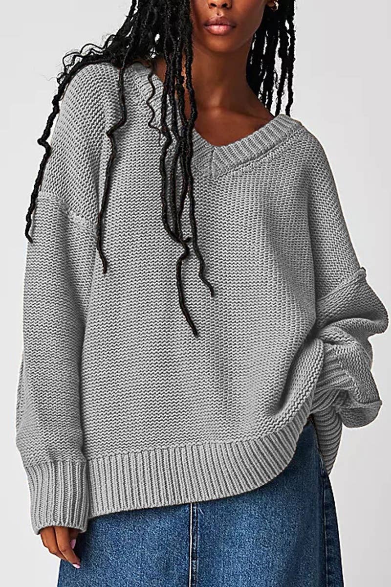 CWOSWL5839_STYLISH V-NECK LONG-SLEEVED PULLOVER SWEATER