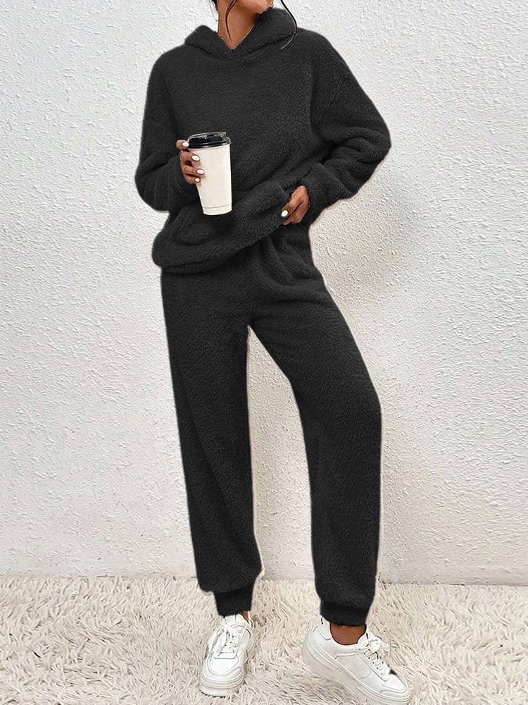 FLEECE HOODED LONG-SLEEVED PANTS SOLID COLOR SUIT