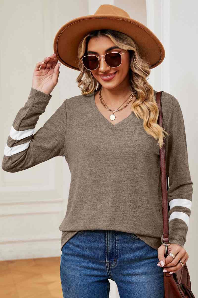 CWOSWL6552_V-NECK LONG SLEEVE STRIPED COLOR MATCHING TOP