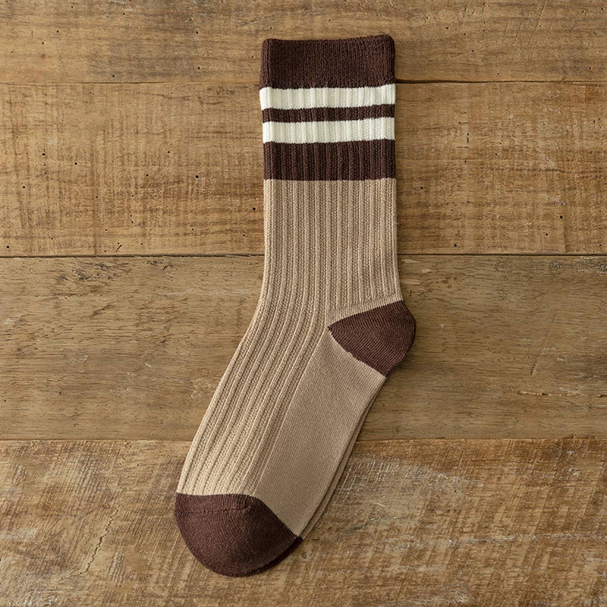 BROWN STRIPED EMBROIDERED BREATHABLE STACKED SOCKS_CWMS1115
