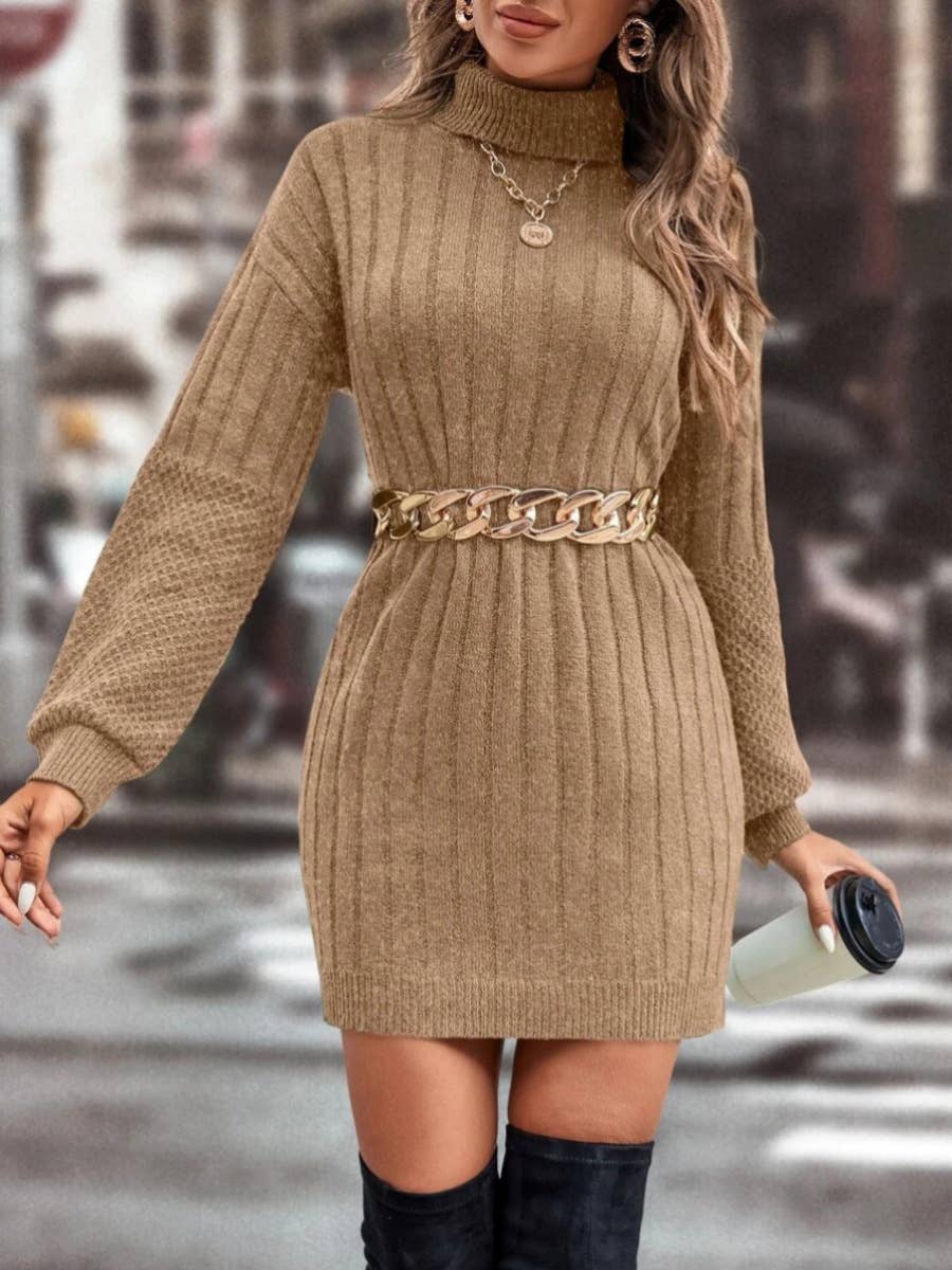 CASUAL LOOSE KNIT SHORT TURTLENECK SWEATER DRESS