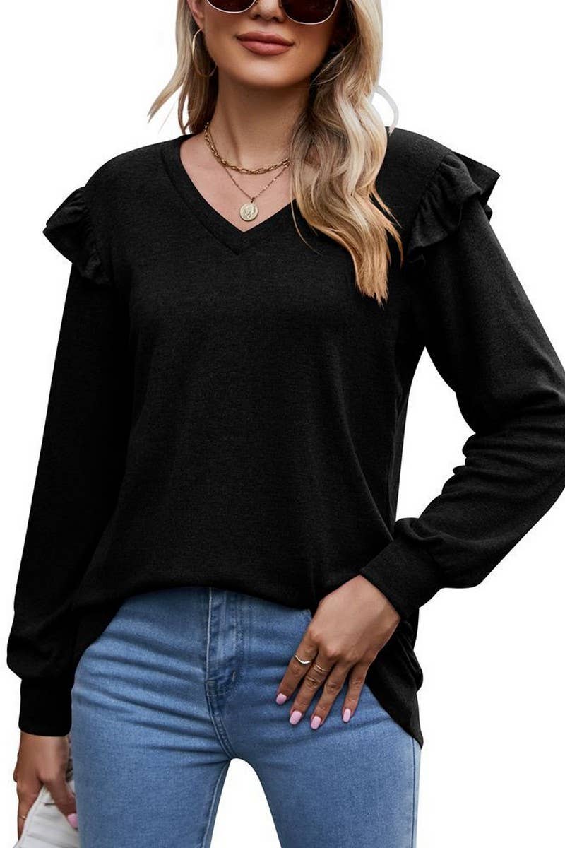 CWTTL1646_V-neck Long Sleeve Pullover Top