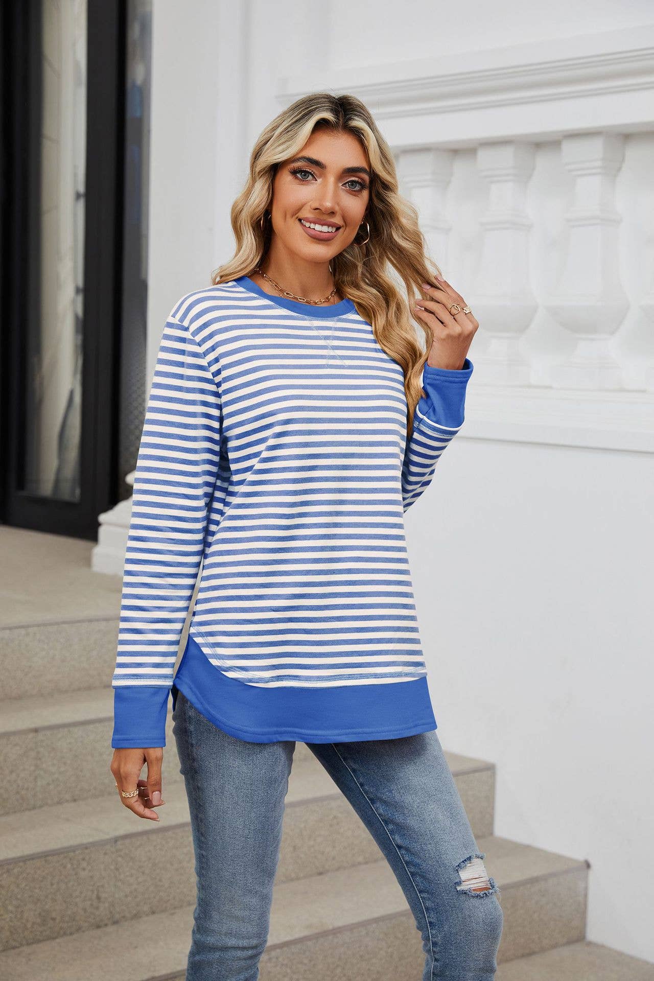 Crew-neck striped long-sleeved hoodie