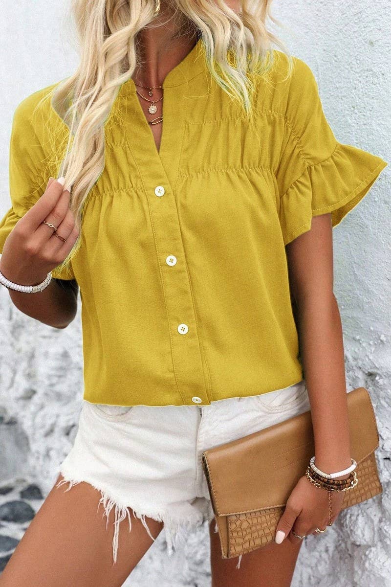 CWTSTS0679_SOLID COLOR STAND COLLAR CASUAL SHORT SLEEVE SHIR