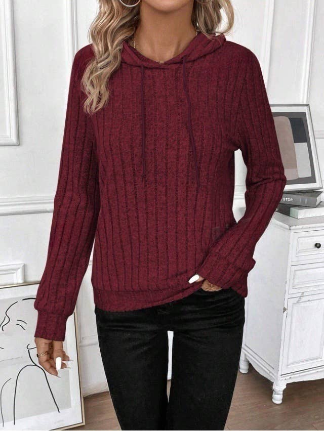 CASUAL RIBBED PULLOVER HOODED LONG-SLEEVE HOODIE