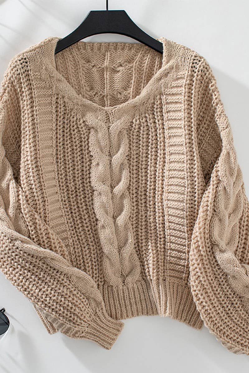 CWOSWL2845_CABLE LANTERN SLEEVE TWIST KNIT SWEATER